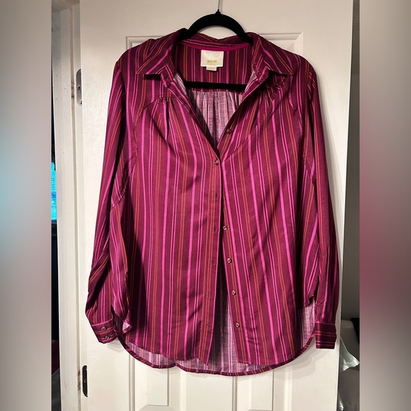 Maeve Anthropologie Purple Striped Long Sleeve Button Down Shirt Medium - Picture 1 of 7